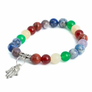 Pulsera de piedras preciosas 7 Chakras con mano Hamsa - 8 mm