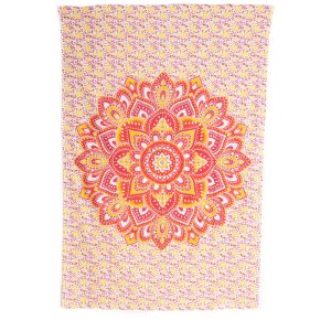 Tapiz de Algodón Auténtico con Mandala y Flores Rojas y Naranjas (215 x 135 cm)