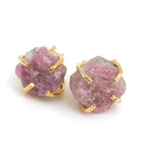 Pendientes de Piedra Preciosa Turmalina Rosa en Bruto - Plata 925 y chapado de oro