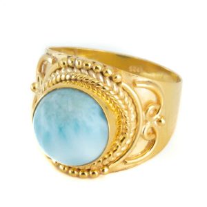 Anillo de Larimar 925 Plata y Chapado de Oro "Jesahna" (Talla 17)